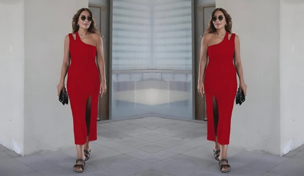 Kadın Kolsuz Tek Omuz Damla Detay JanJan Krep Elbise - Resim 3