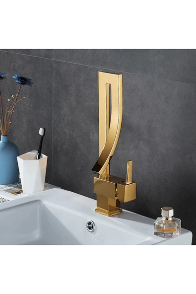 Gold Banyo Lavabo Bataryası Kare 360 Döner Şelale Banyo Bataryası ürün görseli 1