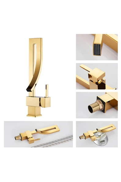 Gold Banyo Lavabo Bataryası Kare 360 Döner Şelale Banyo Bataryası - Resim 4