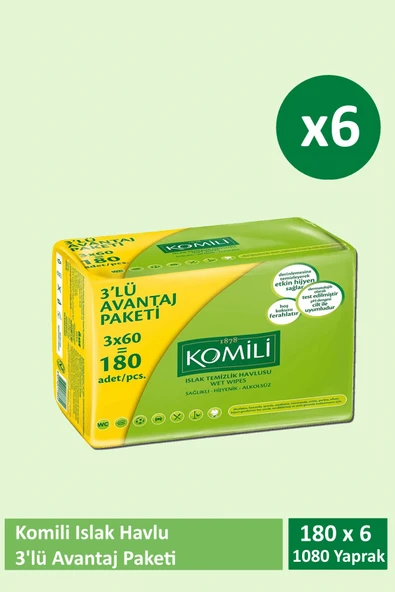 Komili Islak Havlu 3x60'lı x 6 Adet (1080 Yaprak) - 1
