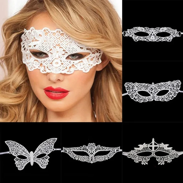 Beyaz Renk Dantel Kesim Balo Maskesi - Resim 2