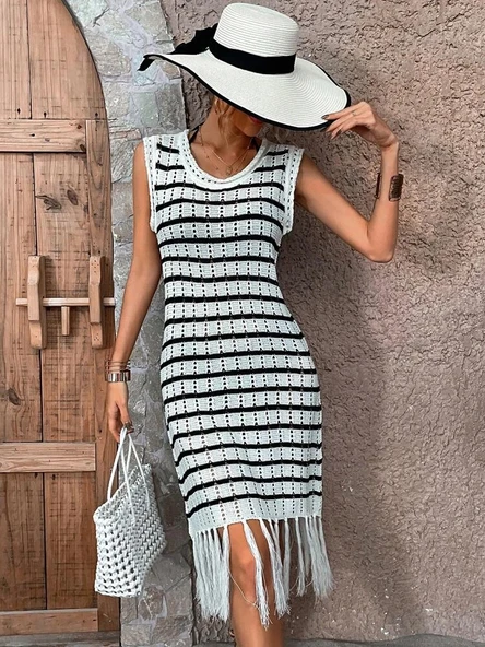 Kadın Kolsuz V Yaka Eteği Püsküllü çizgi Desen Triko Elbise - Resim 4