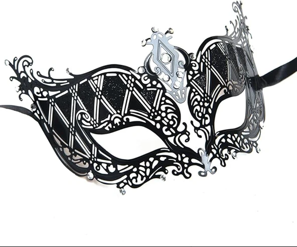Kristal Gümüş Taşlı Siyah Lazer Kesim Metal Lüks Maske ürün görseli