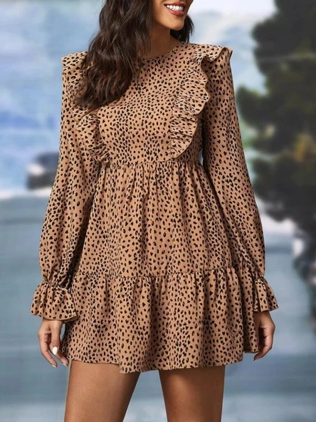 Kadın Uzun Kollu Yaka Ve Sırt Fırfır Detay Mikro Mini Boy Elbise - Resim 4