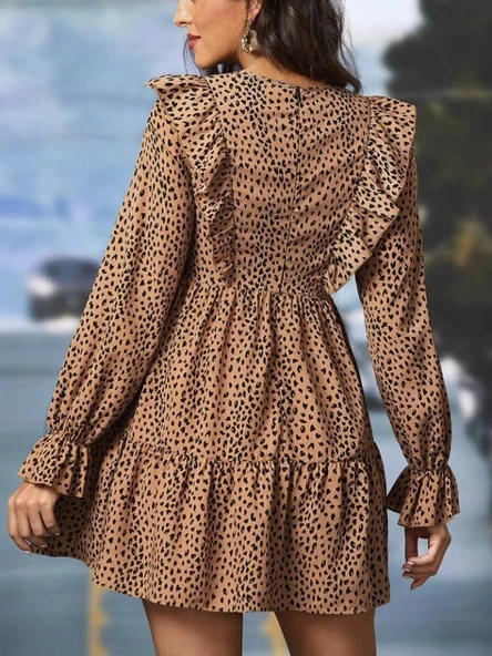 Kadın Uzun Kollu Yaka Ve Sırt Fırfır Detay Mikro Mini Boy Elbise - Resim 3