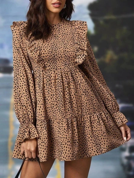 Kadın Uzun Kollu Yaka Ve Sırt Fırfır Detay Mikro Mini Boy Elbise - Resim 5