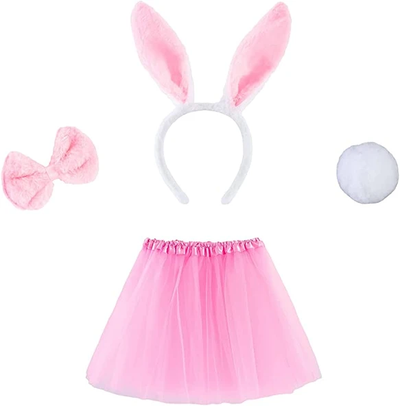 Pembe Tavşan Tacı Etek Papyon Kuyruk Kostüm Seti Çocuk Boy - 1