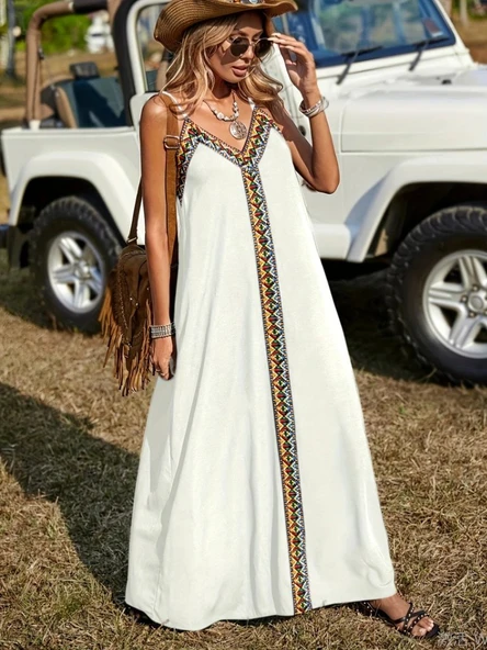 Kadın Askılı V Yakalı Etnik şerit Detaylı Uzun Viskon Elbise - Resim 2