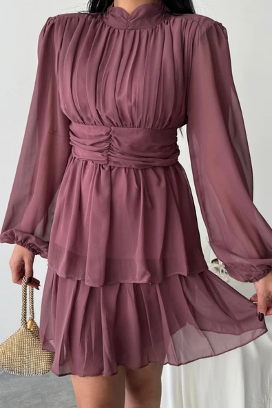 ŞİFON KATLI UZUN KOL ELBİSE - Pudra - Resim 4