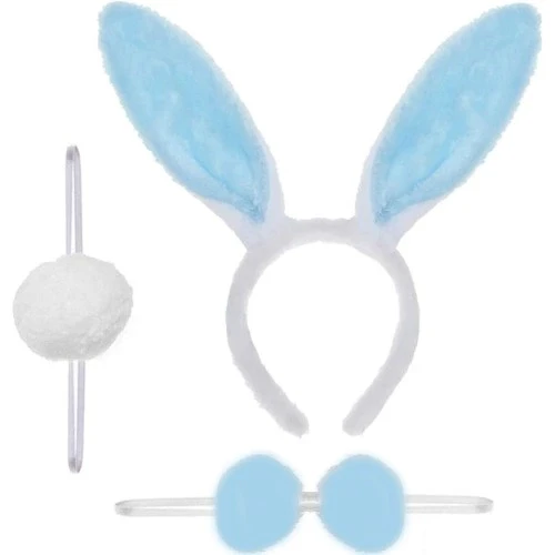 Tavşan Kostüm Seti Mavi Renk - Taç, Papyon, Ponpon, Kuyruk ürün görseli