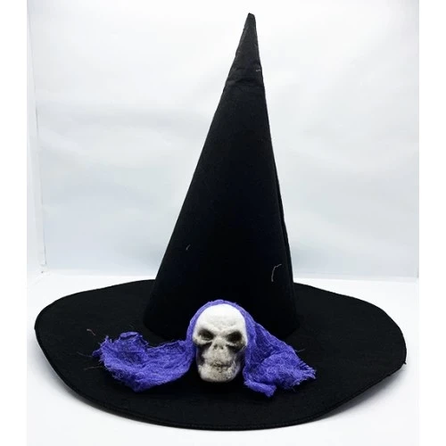 Siyah Renk Mavi Duvaklı Kuru Kafa Temalı Cadı Şapkası 35x38 cm ürün görseli