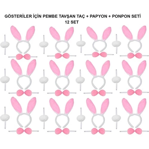 Pembe Tavşan Kostüm Seti – Taç, Papyon, Ponpon (12’li Paket) - 1