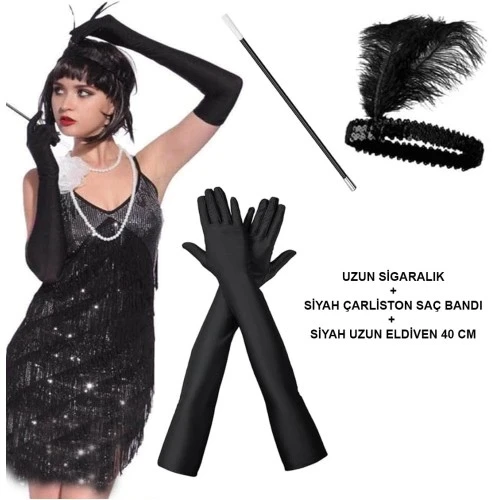 Siyah Retro Charliston Aksesuar Seti ürün görseli