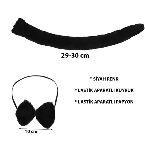 Peluş Siyah Renk Kuyruk ve Papyon Yetişkin Çocuk Uyumlu ürün görseli