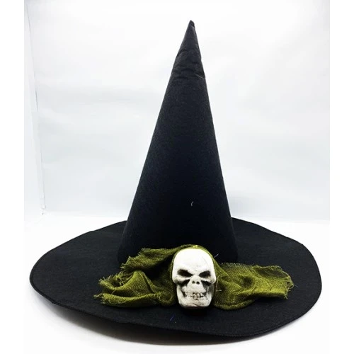 Siyah Renk Yeşil Duvaklı Kuru Kafa Temalı Cadı Şapkası 35x38 cm ürün görseli