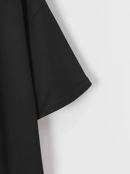 New York Baskılı Oversize Bisiklet Yaka T-shirt - Siyah - 4