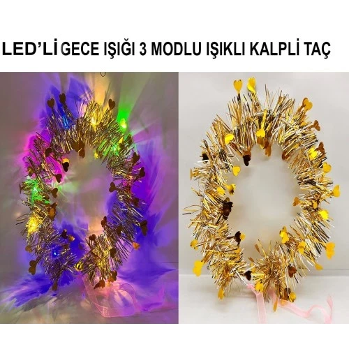 Kalp Püsküllü 3 Modlu LED Işıklı Taç Altın Renk ürün görseli
