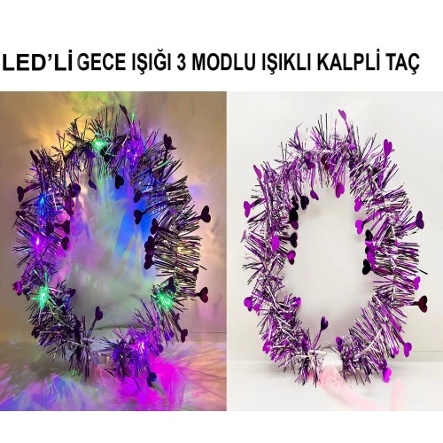 Kalp Püsküllü 3 Modlu LED Işıklı Taç Mor Renk ürün görseli