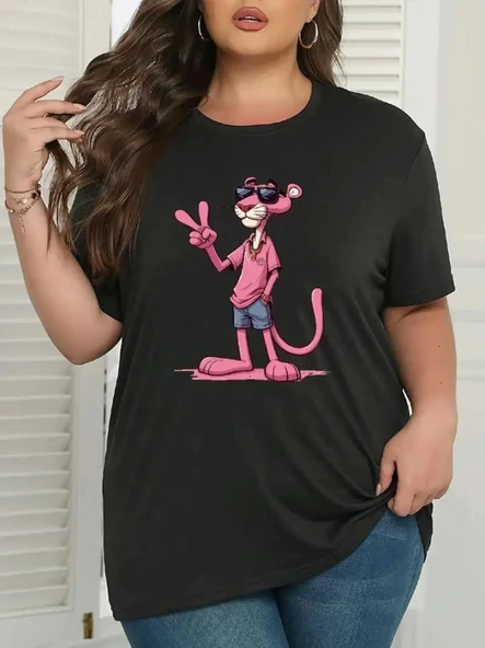 Pembe Panter Baskılı Oversize Bisiklet Yaka T-shirt - Beyaz ürün görseli