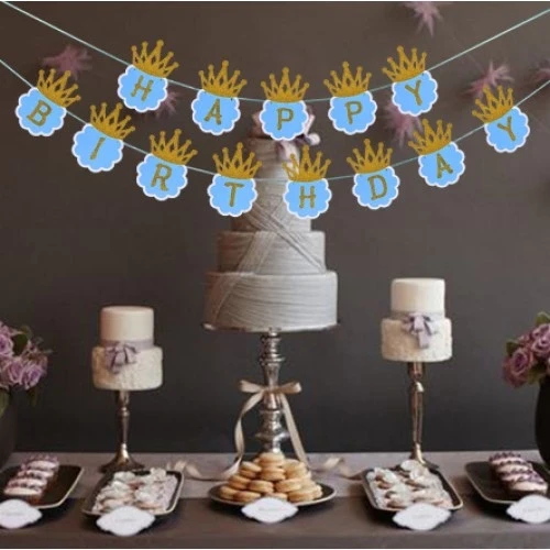 Simli Happy Birthday Flama Dekor 3 Metre Mavi Renk - Resim 2