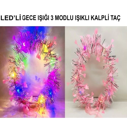 Kalp Püsküllü 3 Modlu LED Işıklı Taç Pembe Renk ürün görseli