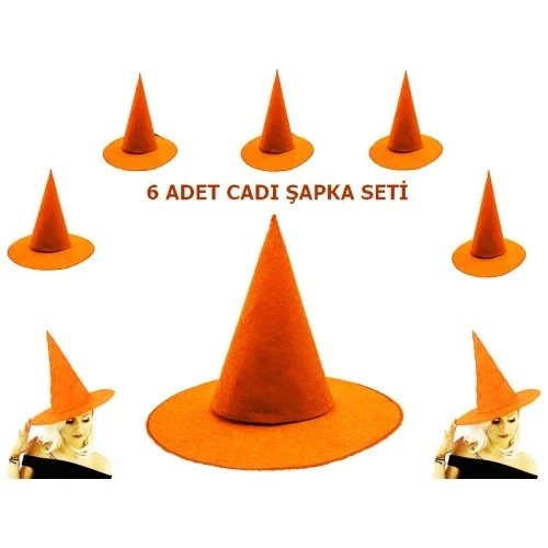Turuncu Renk Keçe Cadı Şapkası 6 Adet - 1