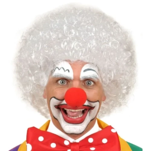 Beyaz Kıvırcık Afro Peruk ve Kırmızı Sünger Burun Seti ürün görseli