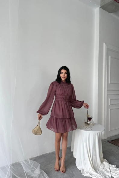 ŞİFON KATLI UZUN KOL ELBİSE - Pudra ürün görseli