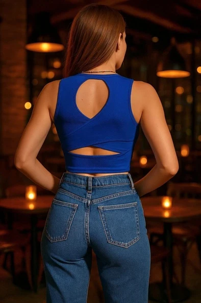 Kadın Damla Sırt Dekolte Çapraz Detay Kolsuz Triko Bluz - Resim 2