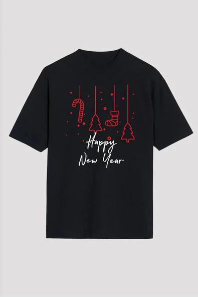 Happy New Year Baskılı T-shirt - Siyah ürün görseli