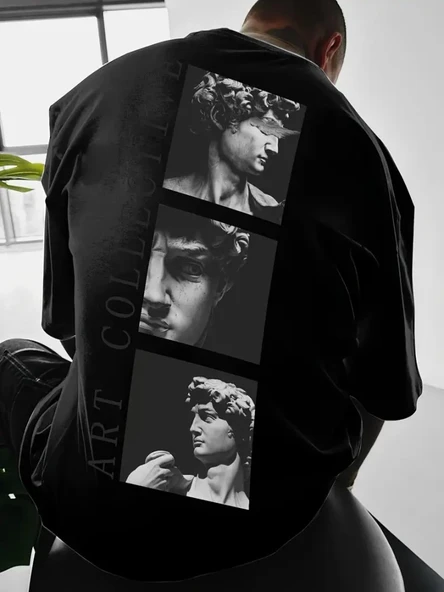 Baskılı Oversize Bisiklet Yaka T-shirt - Siyah - 1