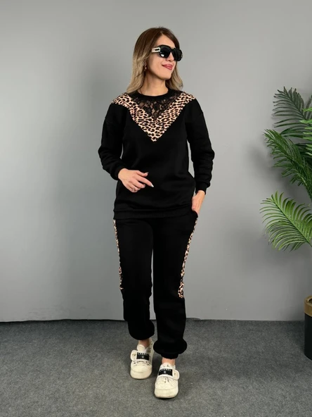 Kadın üç Iplik Kumaş Leopar Desenli Dantel Detaylı Ikili Takım - Resim 3