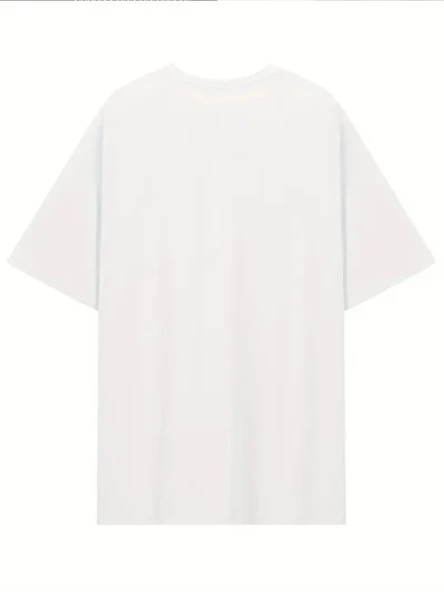 Baskılı Oversize Bisiklet Yaka T-shirt - Beyaz - 4