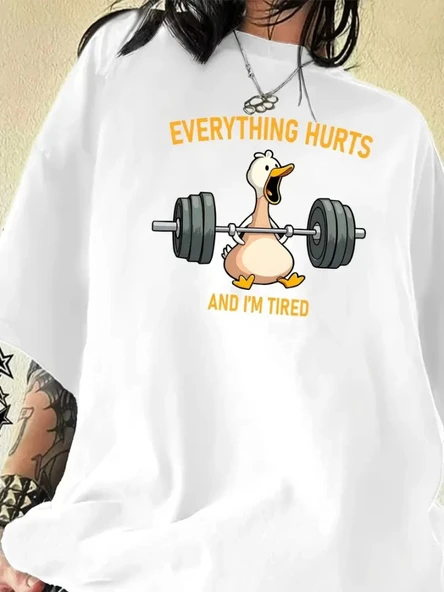 Baskılı Oversize Bisiklet Yaka T-shirt - Beyaz ürün görseli