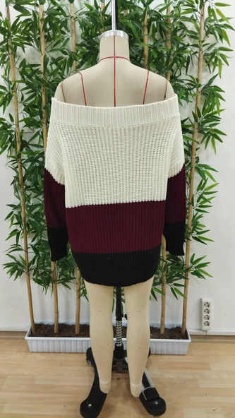 Kadın Uzun Kollu Madonna Yaka çizgi Desenli Salaş Triko - Resim 5