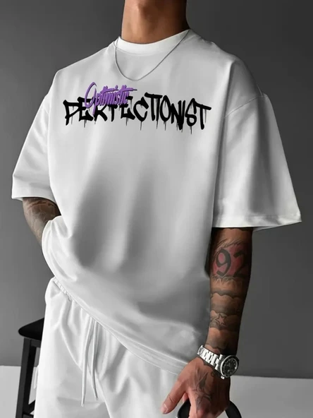 Baskılı Oversize Bisiklet Yaka T-shirt - Beyaz - Resim 2