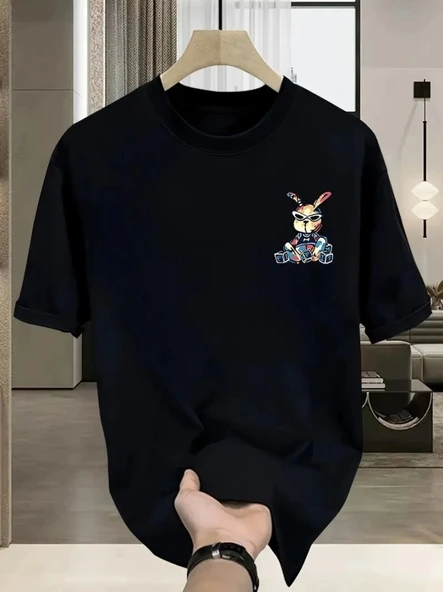 Baskılı Oversize Bisiklet Yaka T-shirt - Siyah - 2