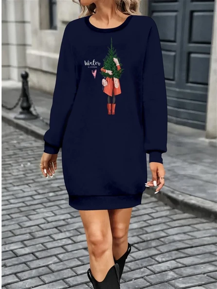 Kadın Uzun Kollu Bisiklet Yaka Desenli Kısa Viskon Iki Iplik Elbise ürün görseli