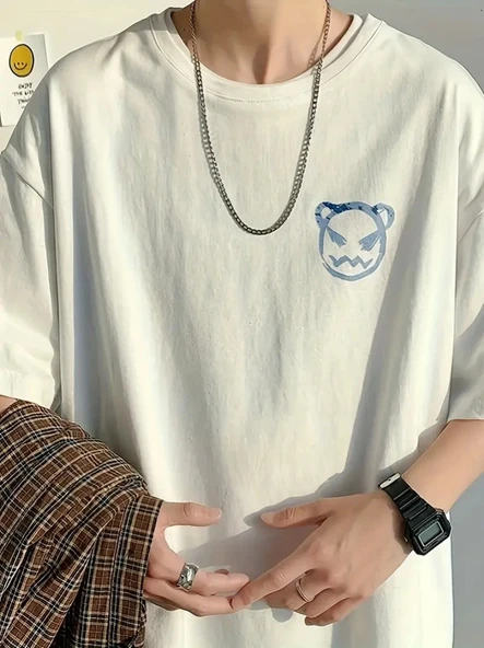 Baskılı Oversize Bisiklet Yaka T-shirt - Beyaz - Resim 4