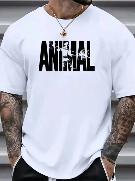 Baskılı Oversize Bisiklet Yaka T-shirt - Beyaz ürün görseli