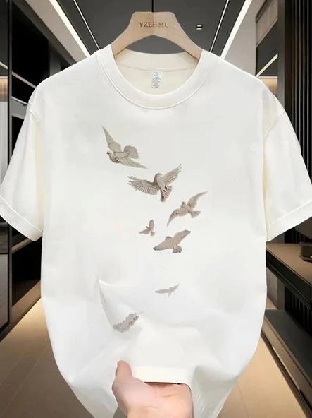 Baskılı Oversize Bisiklet Yaka T-shirt - Beyaz - 1