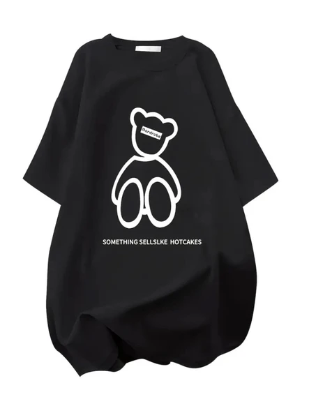 Baskılı Oversize Bisiklet Yaka T-shirt - Siyah ürün görseli