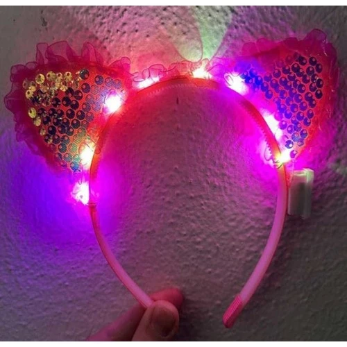 Fuşya Pullu Led Işıklı Kedi Kulak Taç ürün görseli