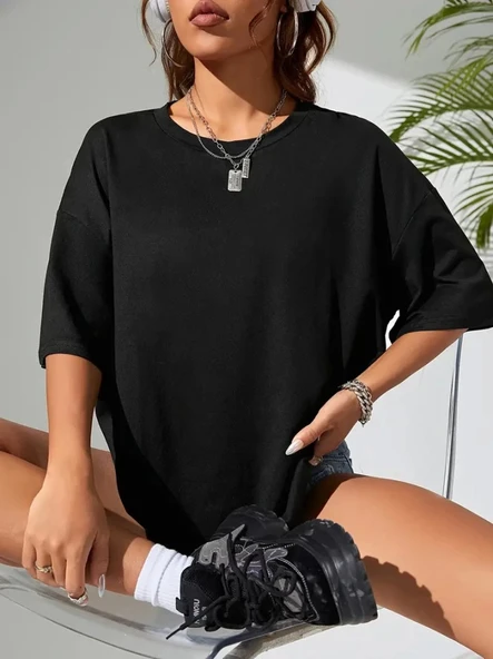 Baskılı Oversize Bisiklet Yaka T-shirt - Siyah - 2