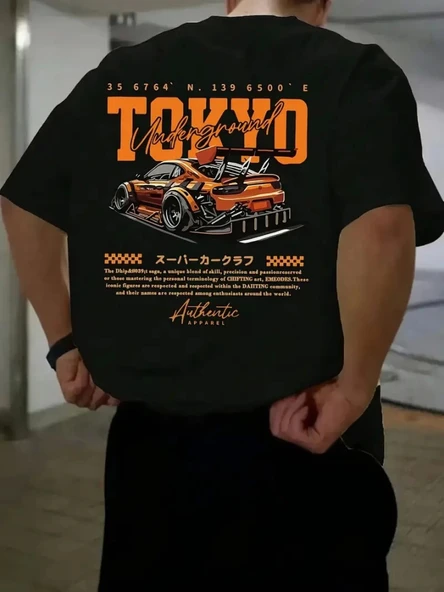 Baskılı Oversize Bisiklet Yaka T-shirt - Siyah - 1