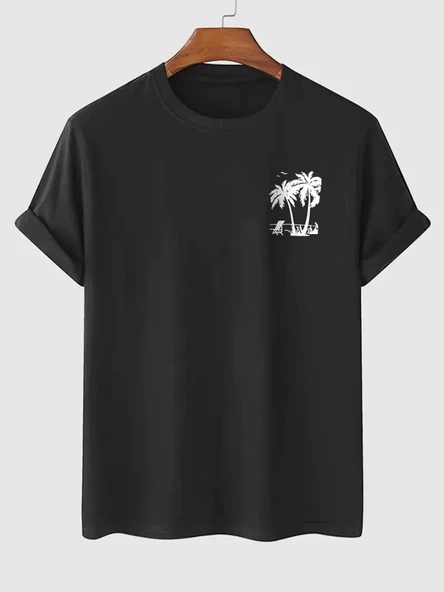 Baskılı Oversize Bisiklet Yaka T-shirt - Siyah - 1
