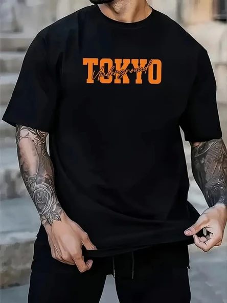 Baskılı Oversize Bisiklet Yaka T-shirt - Siyah - 2