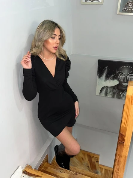 Kadın Uzun Kollu Kruvaze Yaka Kol Detaylı Ithal Krep Mini Elbise - Resim 5