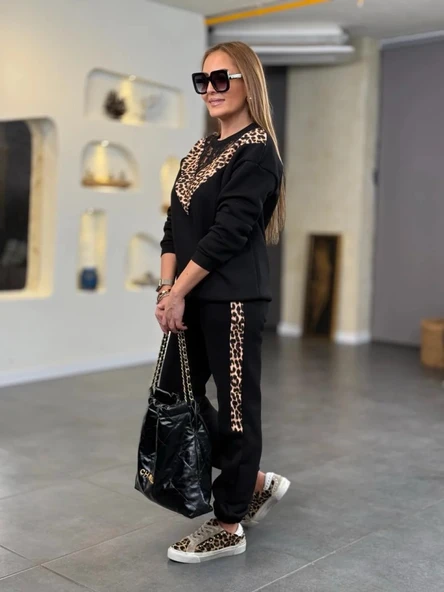 Kadın üç Iplik Kumaş Leopar Desenli Dantel Detaylı Ikili Takım - Resim 9