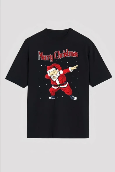 Merry Christmas Baskılı Noel Babalı T-shirt - Siyah ürün görseli
